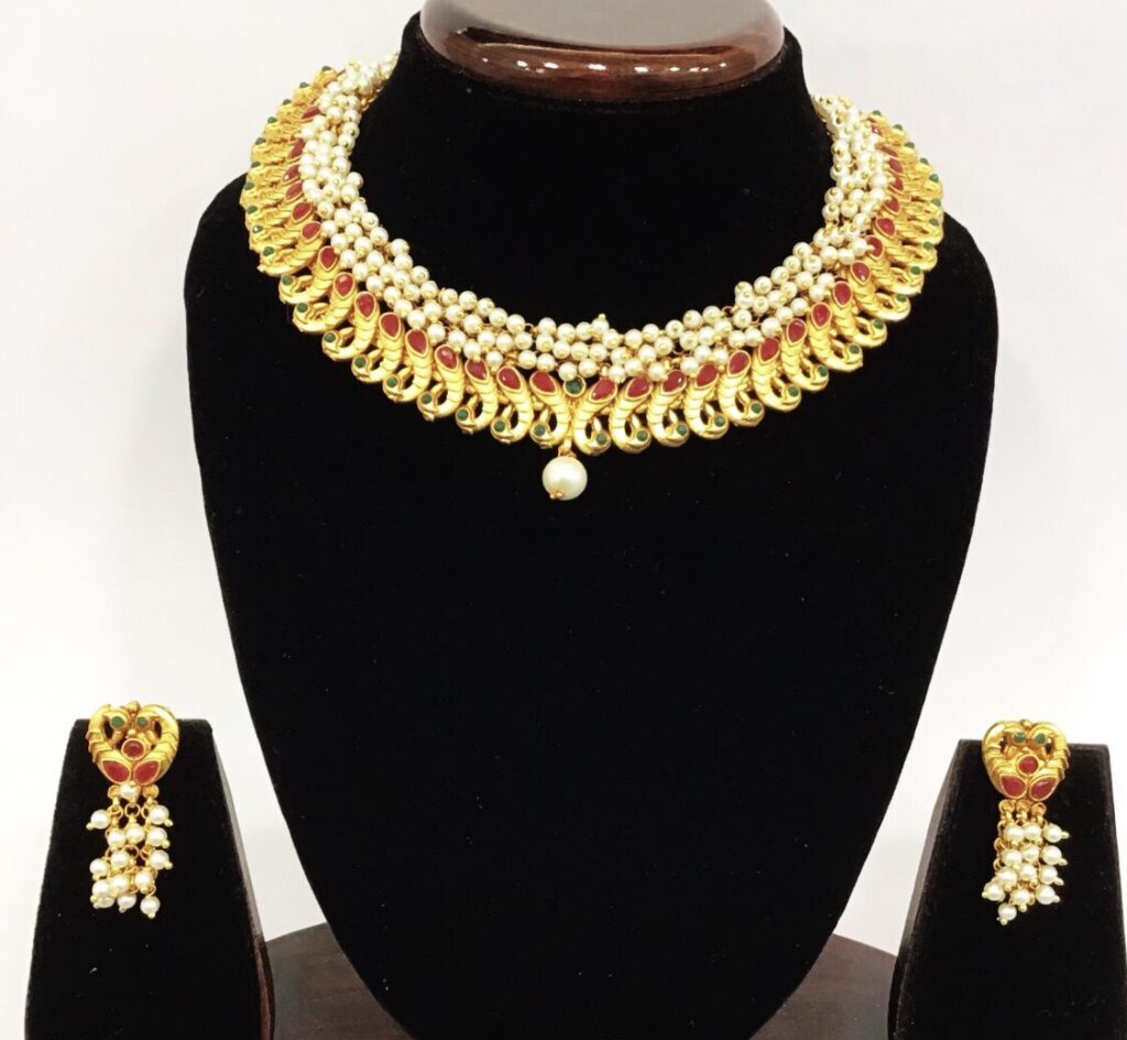 Gold plated moti necklace with earrings | Indian fashion jewelry in usa